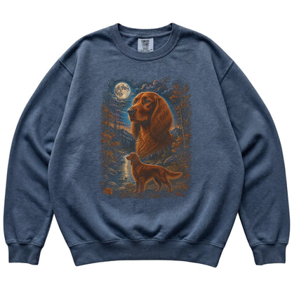 denim sweatshirt with Irish Setter Autumn Moon artwork.