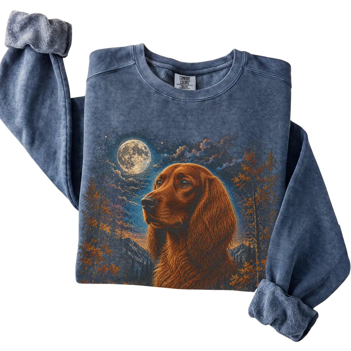 Folded denim sweatshirt with Irish Setter Autumn Moon artwork.