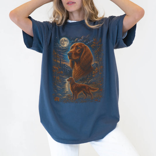 Model wearing a denim T-shirt with Irish Setter Autumn Moon artwork.