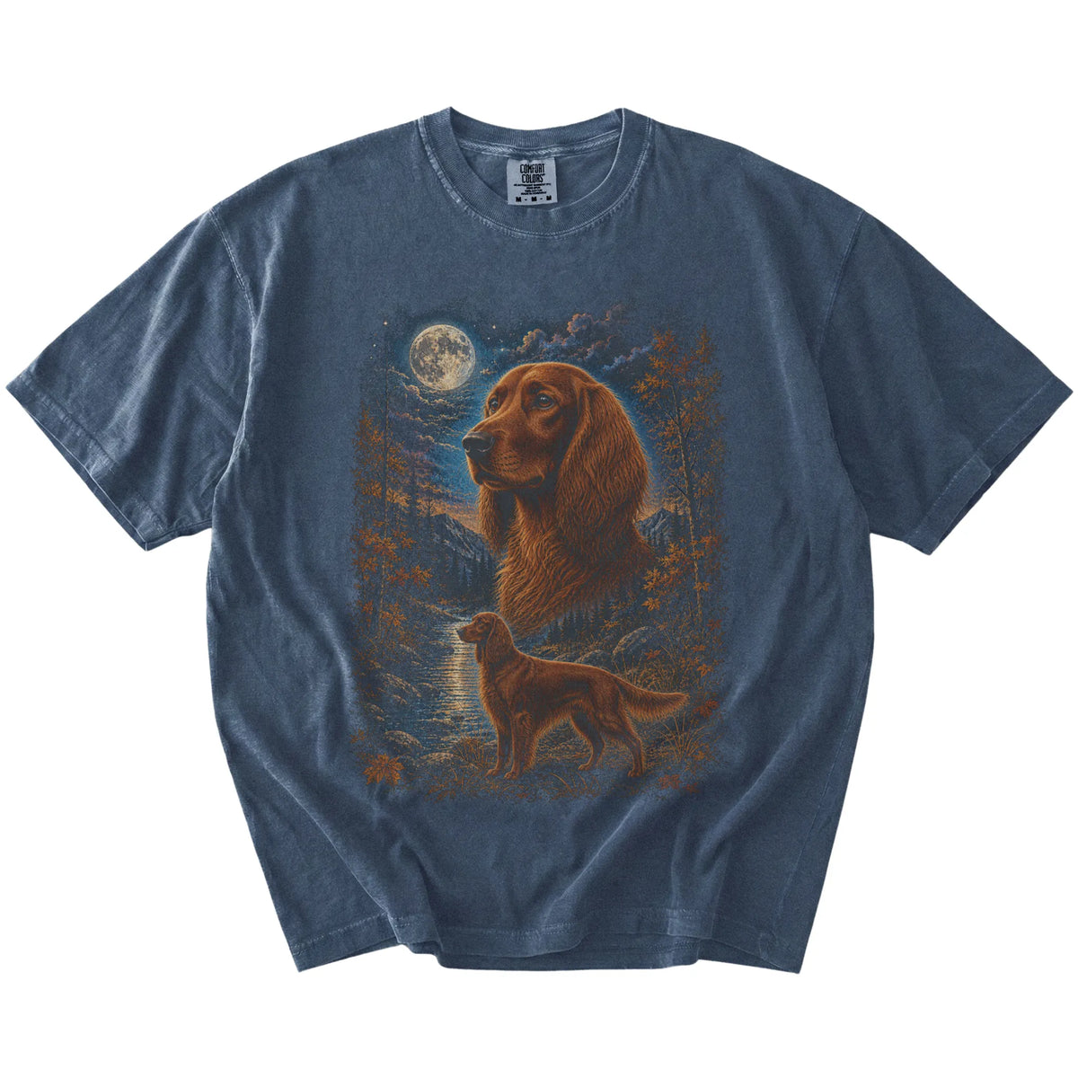 denim T-shirt with Irish Setter Autumn Moon artwork.
