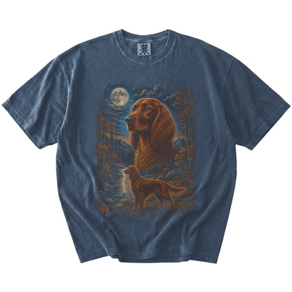 denim T-shirt with Irish Setter Autumn Moon artwork.