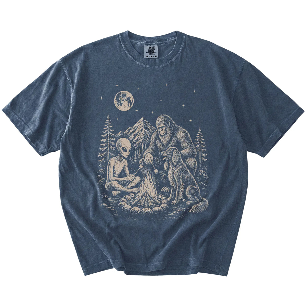 Irish Setter camping with Bigfoot and an alien on a Denim Comfort Colors® T-shirt