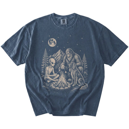 Irish Setter camping with Bigfoot and an alien on a Denim Comfort Colors® T-shirt