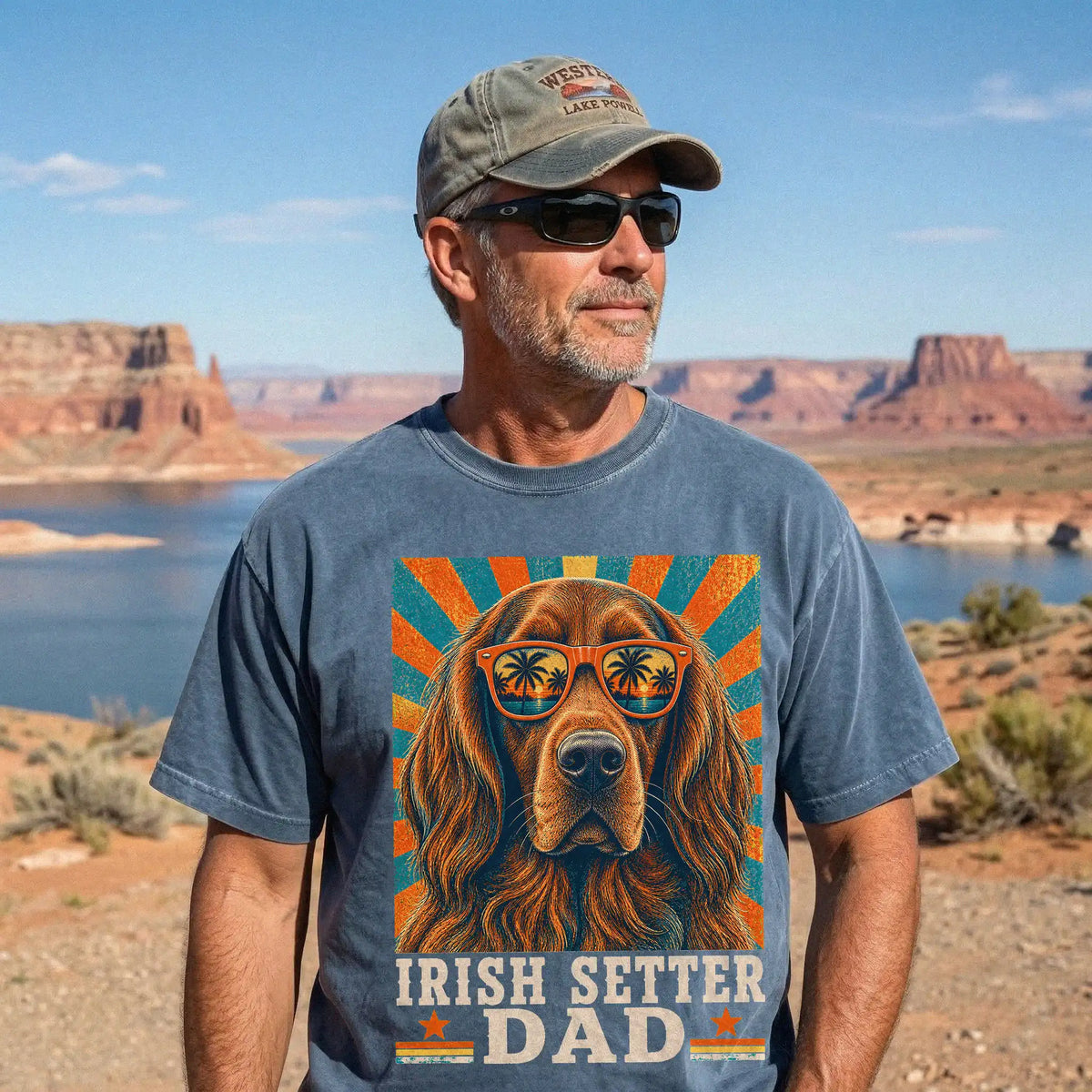 Retro Irish Setter Dad design on a Denim Comfort Colors T-shirt worn by a model
