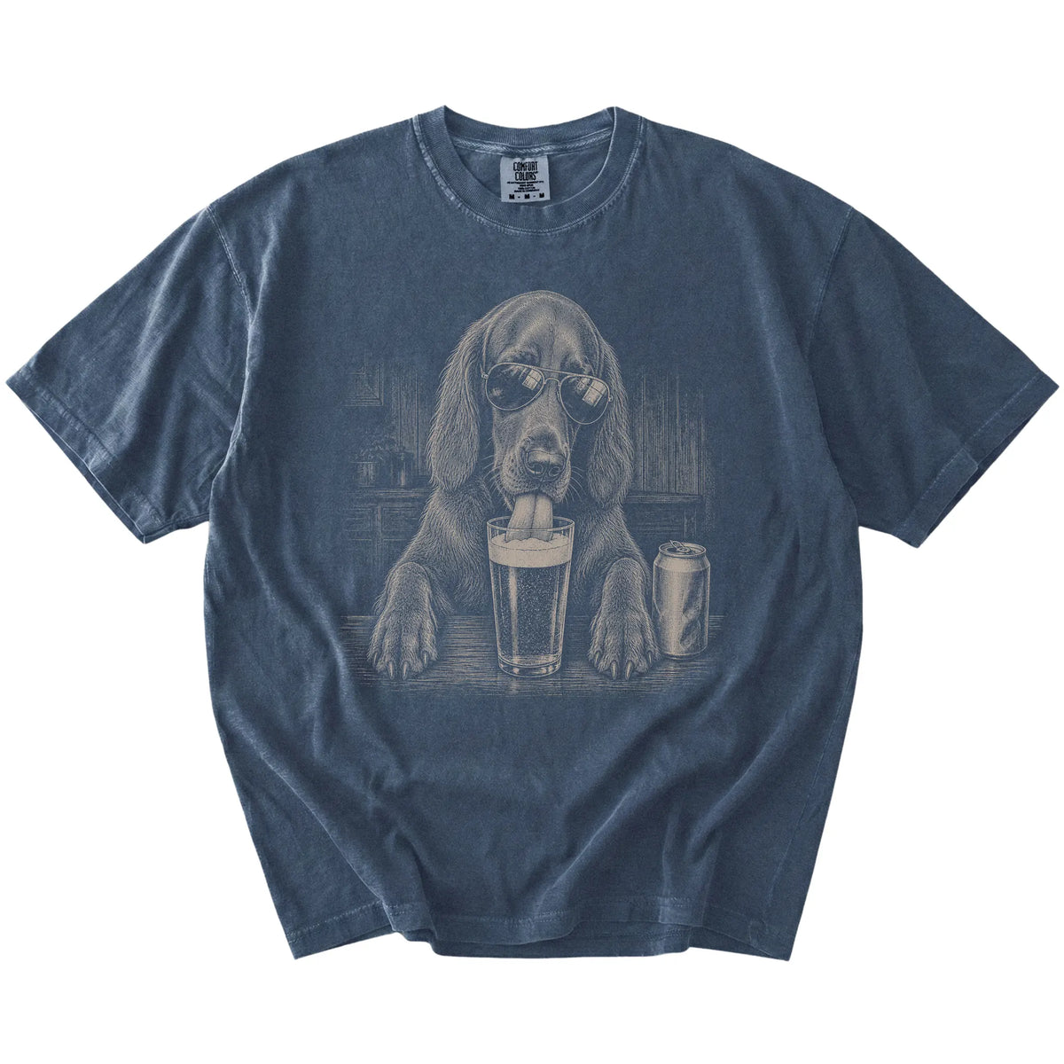 Irish Setter sneaking a drink from a foamy pint at home on a Denim Comfort Colors® t-shirt