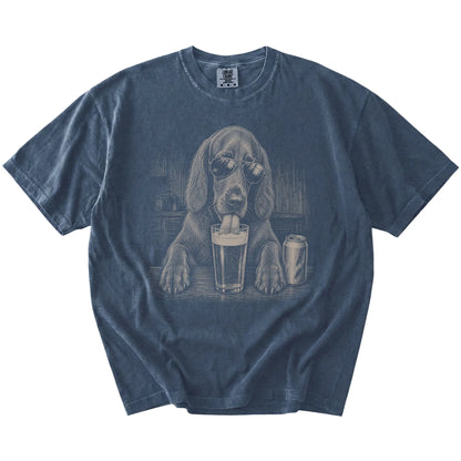 Irish Setter sneaking a drink from a foamy pint at home on a Denim Comfort Colors® t-shirt