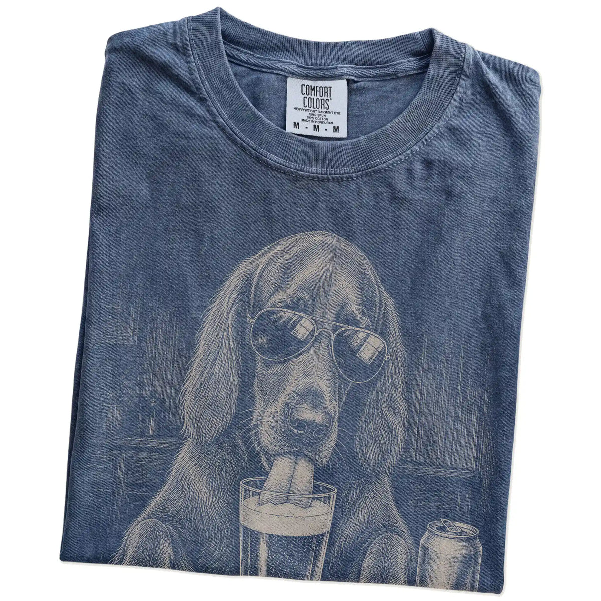 Folded Denim Comfort Colors® t-shirt showing Irish Setter sneaking a drink from a pint