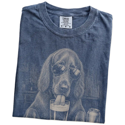 Folded Denim Comfort Colors® t-shirt showing Irish Setter sneaking a drink from a pint