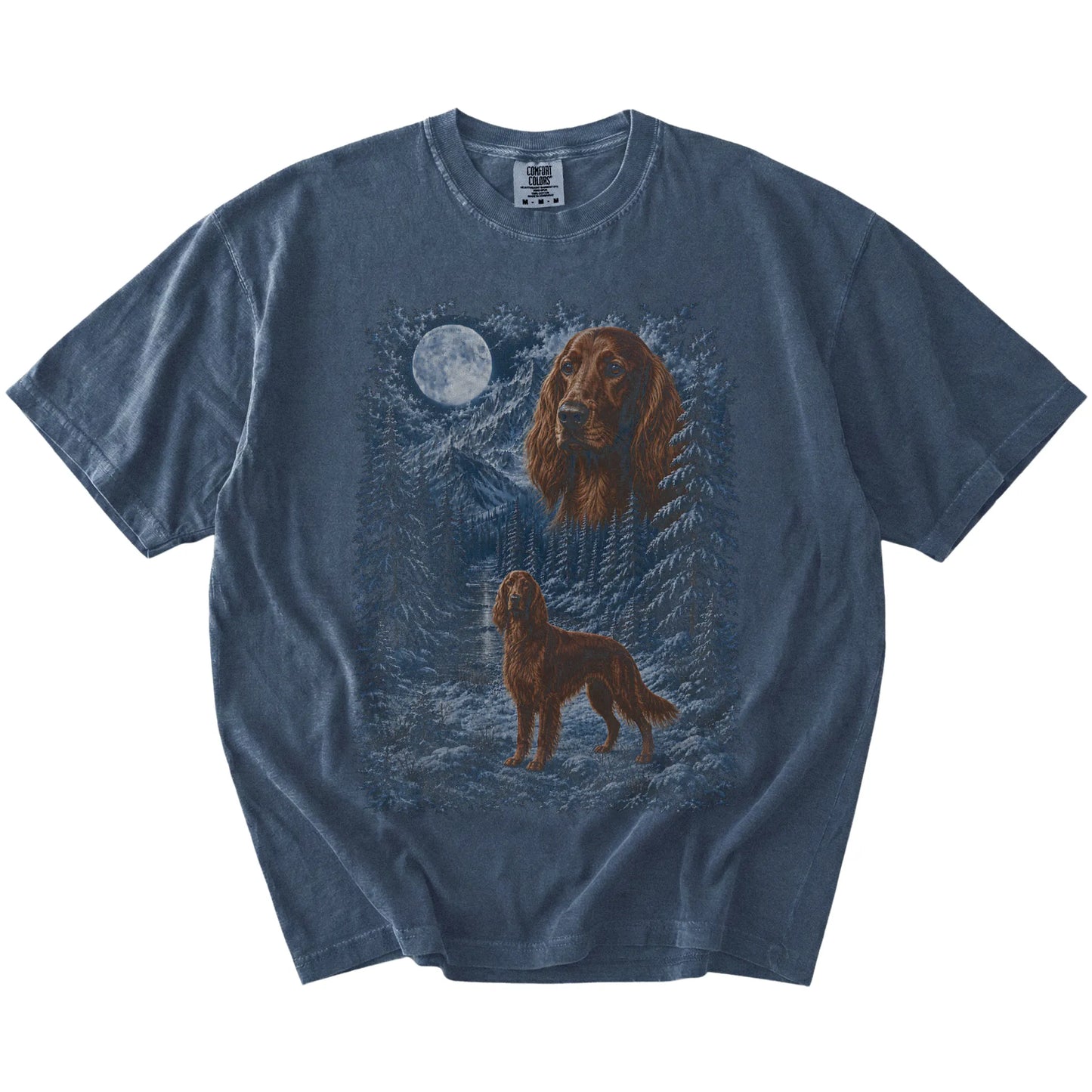 Irish Setter in a snowy winter forest on a Denim t-shirt