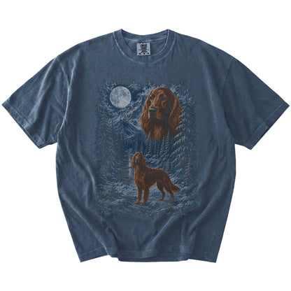 Irish Setter in a snowy winter forest on a Denim t-shirt
