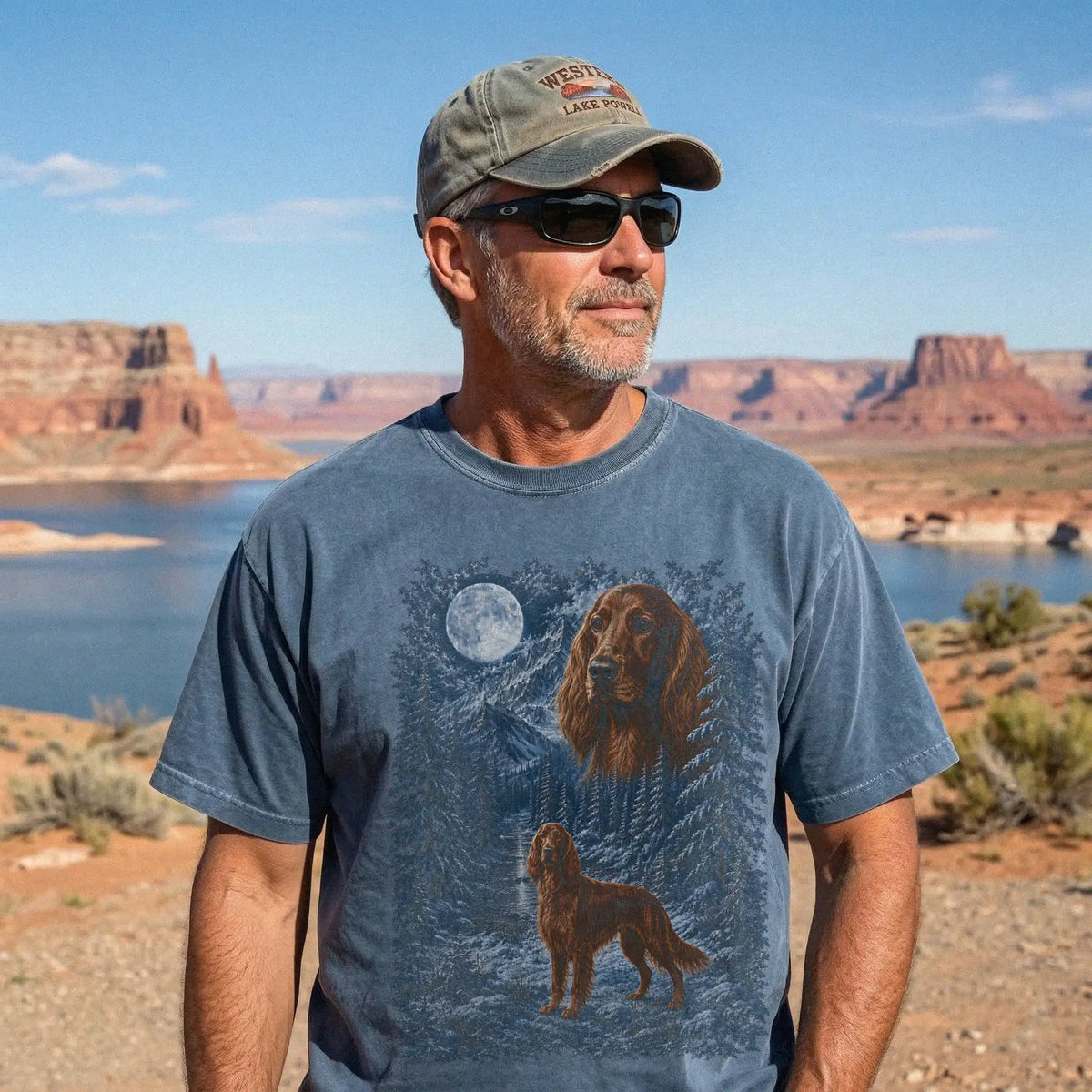 Person wearing a Denim Irish Setter winter forest t-shirt