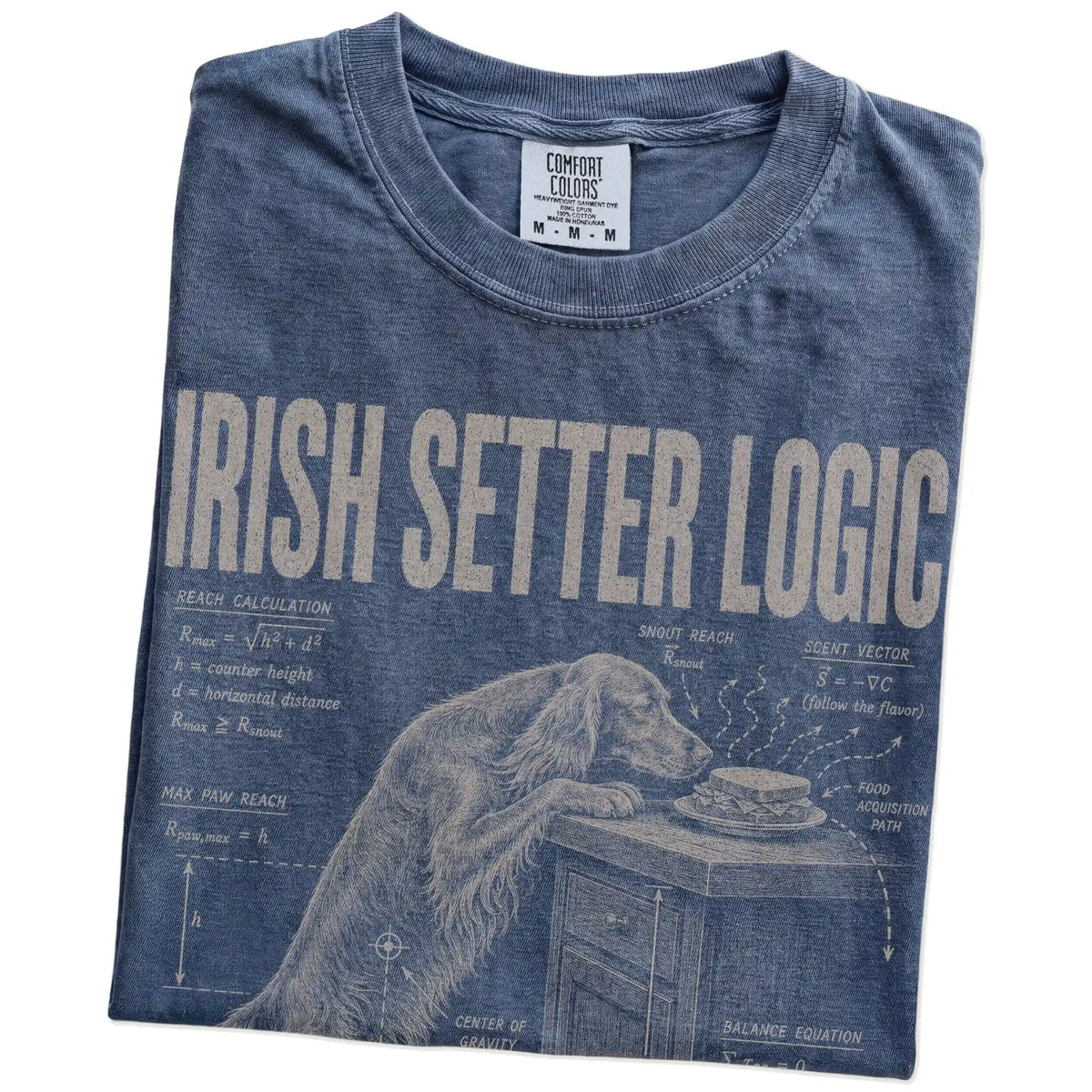 Folded Denim Irish Setter Logic t-shirt showing the graphic