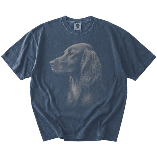 A detailed photographic portrait of a Irish Setter on a Denim Comfort Colors® T-shirt
