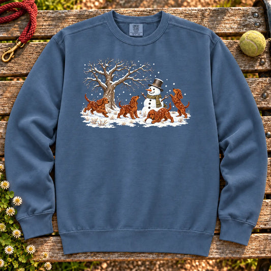 Irish Setter puppies playing in snow with a snowman on a Denim sweatshirt