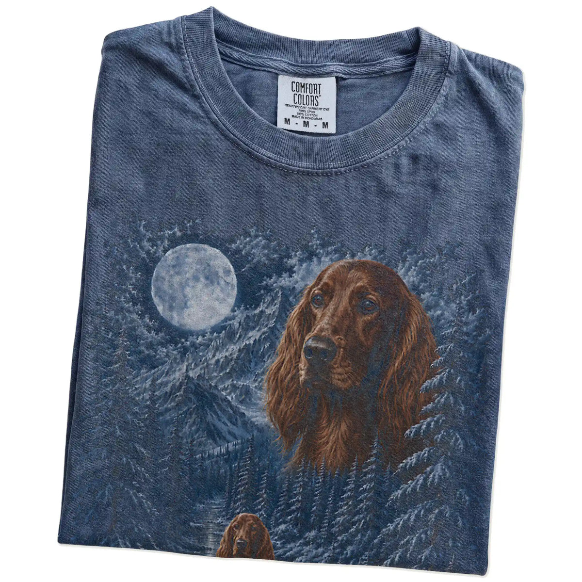 Folded denim T-shirt with Irish Setter Winter Moon artwork.