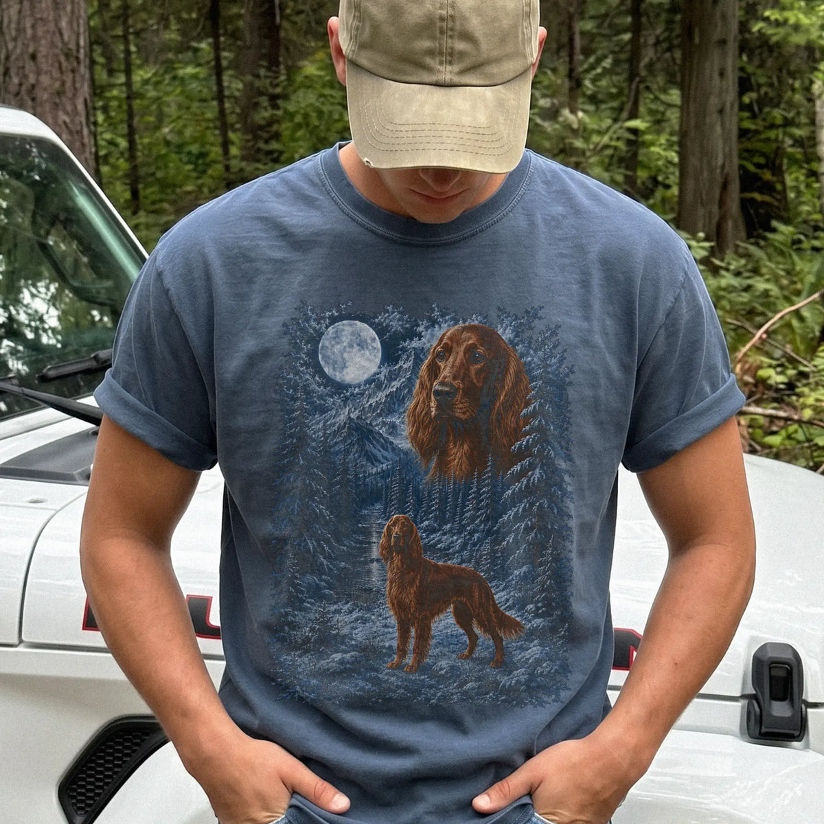 Model wearing a denim T-shirt with Irish Setter Winter Moon artwork.