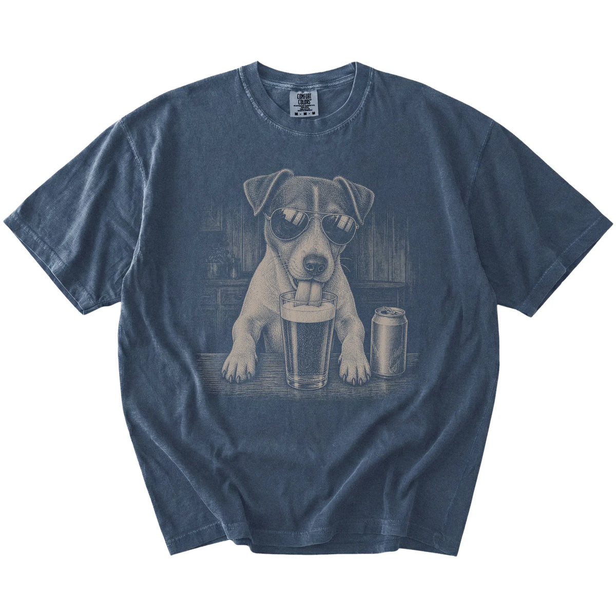 Jack Russell sneaking a drink from a foamy pint at home on a Denim Comfort Colors® t-shirt