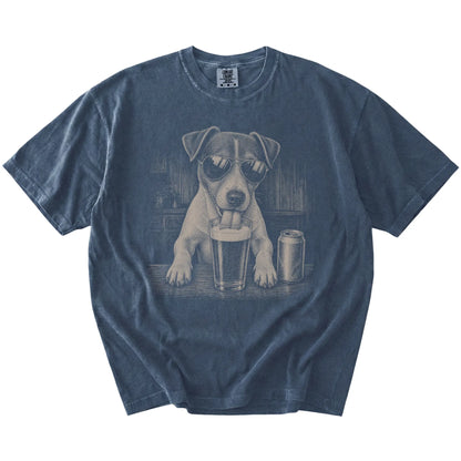 Jack Russell sneaking a drink from a foamy pint at home on a Denim Comfort Colors® t-shirt