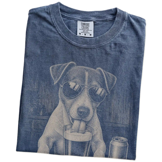 Folded Denim Comfort Colors® t-shirt showing Jack Russell sneaking a drink from a pint
