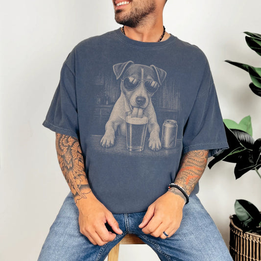 Model wearing a Denim Comfort Colors® t-shirt with Jack Russell sneaking a drink from a pint