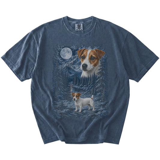 Jack Russell in a snowy winter forest on a Denim t-shirt
