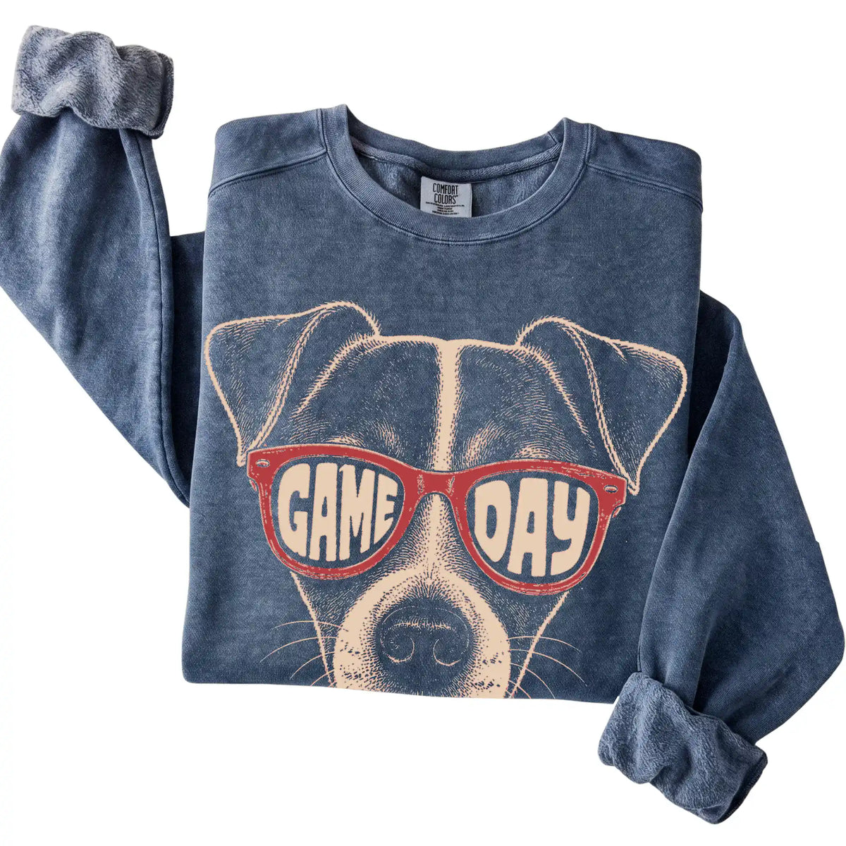Denim Jack Russell Game Day Sunglasses sweatshirt, folded