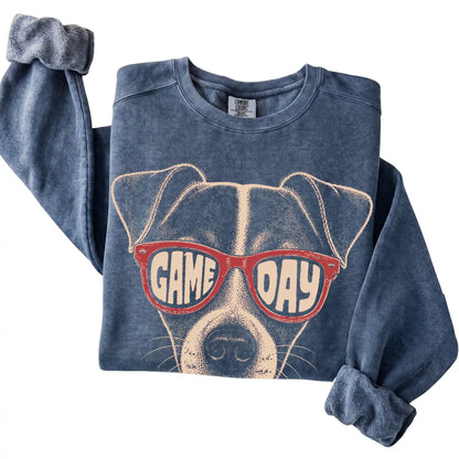 Denim Jack Russell Game Day Sunglasses sweatshirt, folded