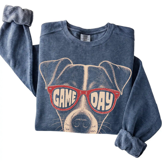 Denim Jack Russell Game Day Sunglasses sweatshirt, folded