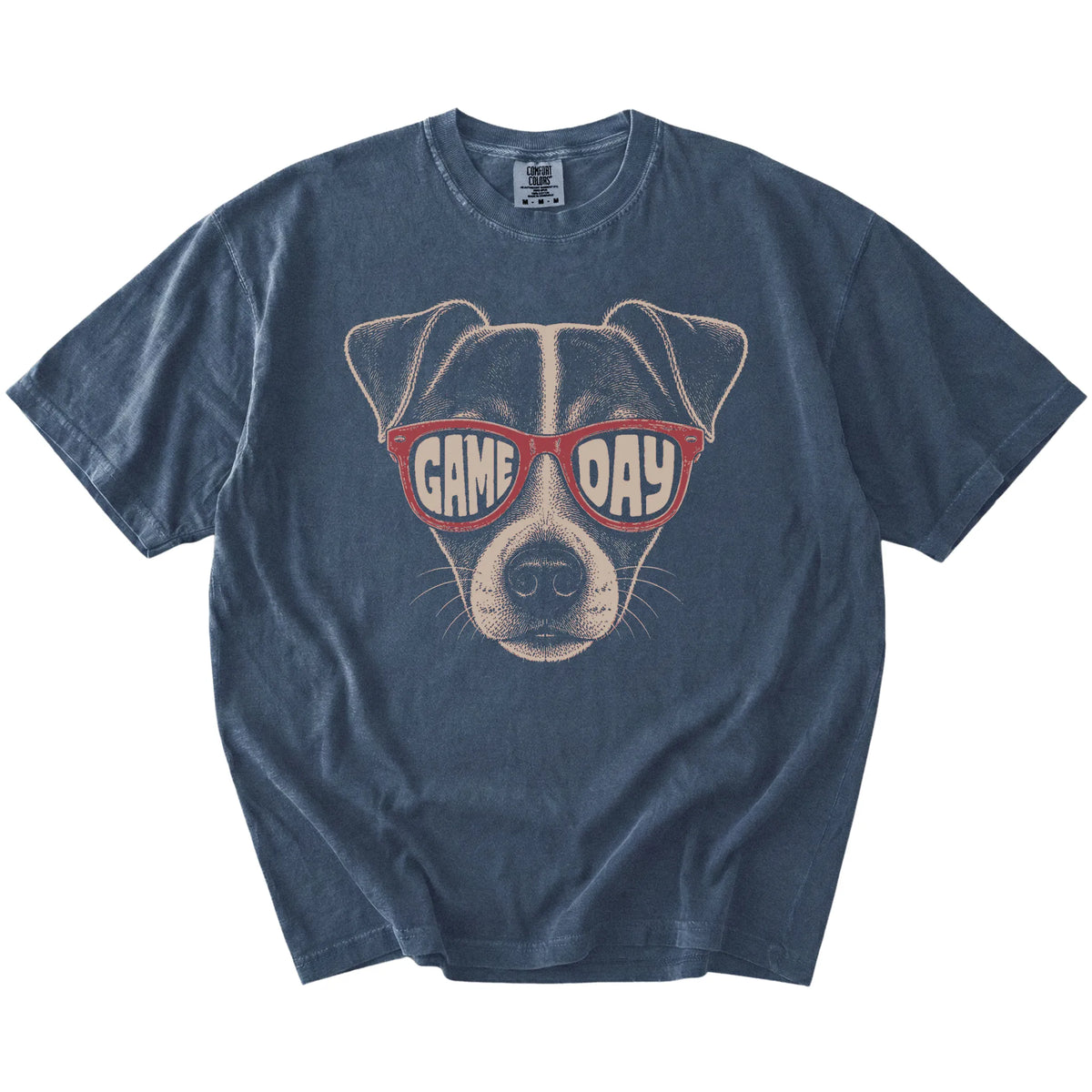 Jack Russell wearing red Game Day sunglasses on a Denim Comfort Colors® T-shirt