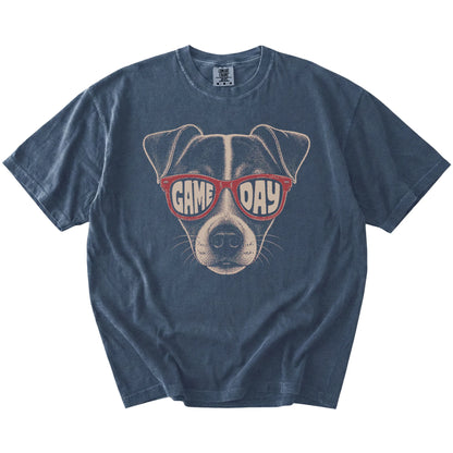 Jack Russell wearing red Game Day sunglasses on a Denim Comfort Colors® T-shirt