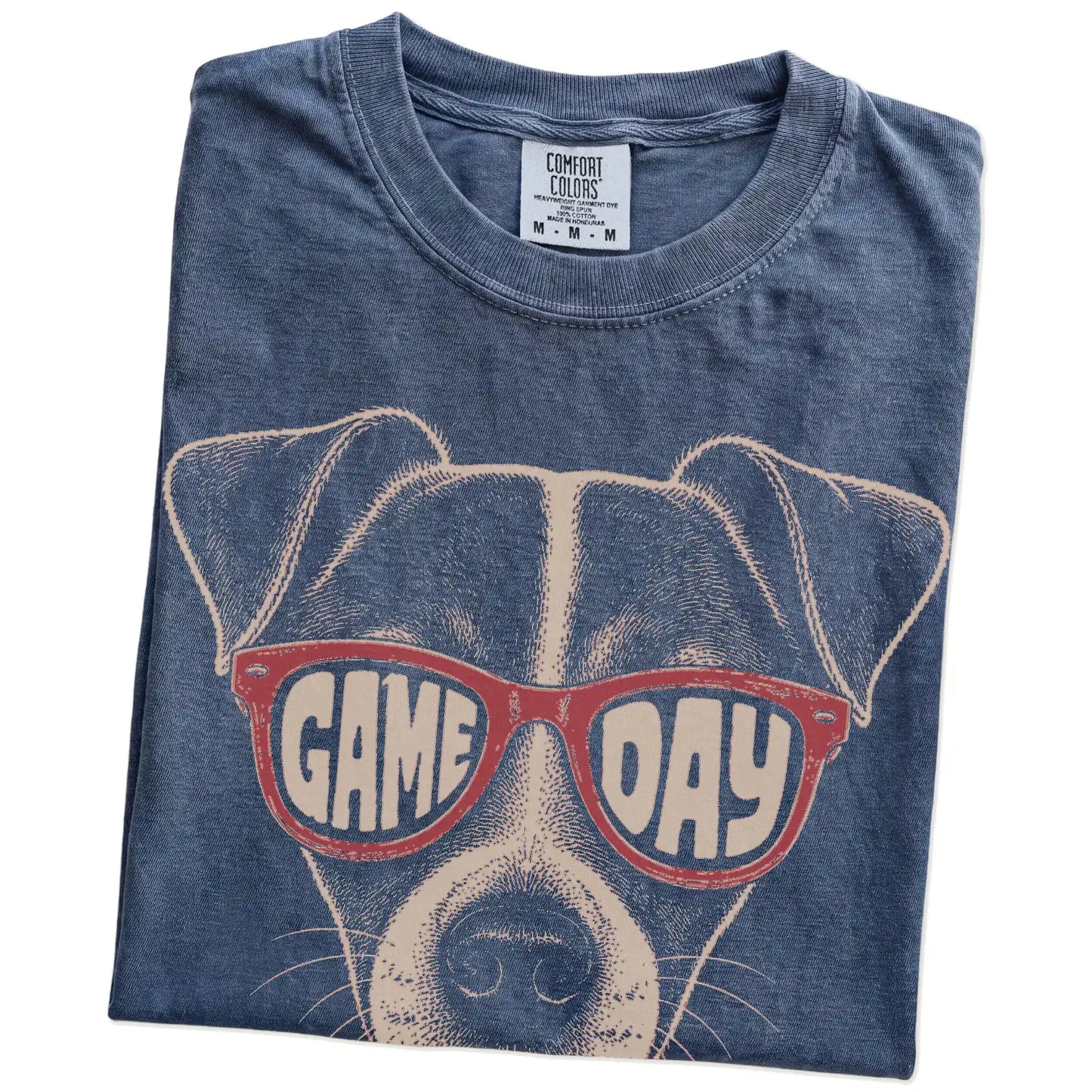 Folded Denim Comfort Colors® T-shirt showing jack russell wearing red game day sunglasses