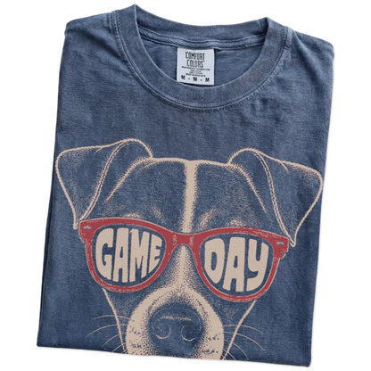 Folded Denim Comfort Colors® T-shirt showing jack russell wearing red game day sunglasses