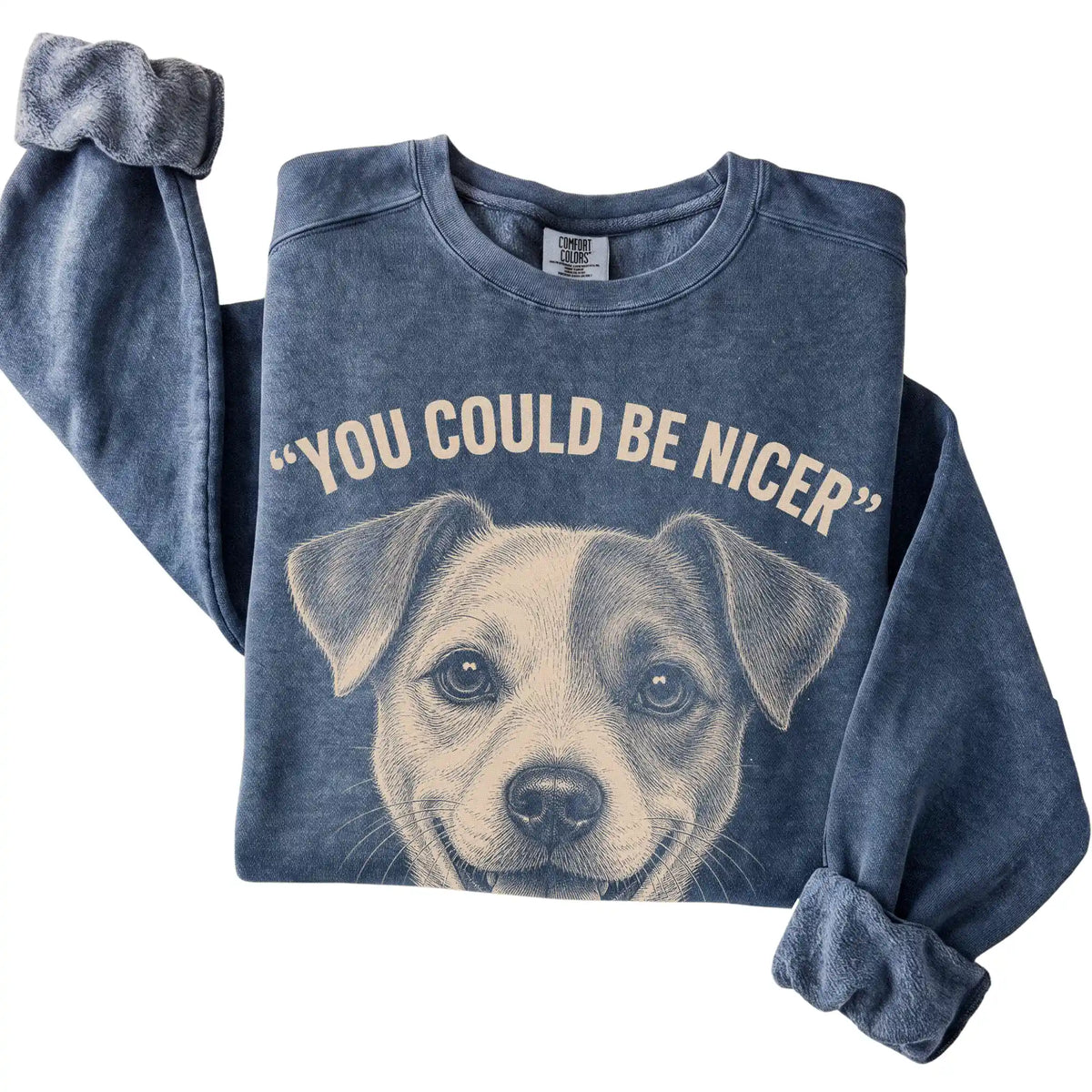 Close view of the Jack Russell Guard Dog sweatshirt in Denim