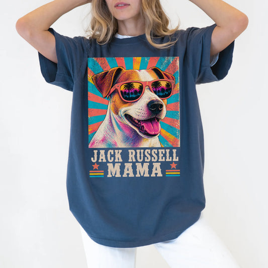 Retro Jack Russell Mama design on a Denim Comfort Colors T-shirt worn by a model