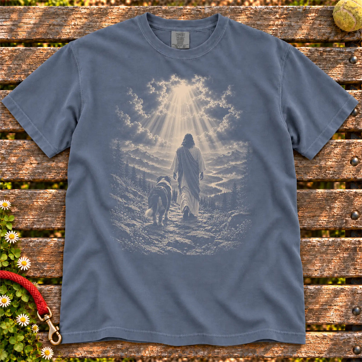 Denim T-shirt showing Jesus walking beside a Bernese Mountain Dog beneath rays of light