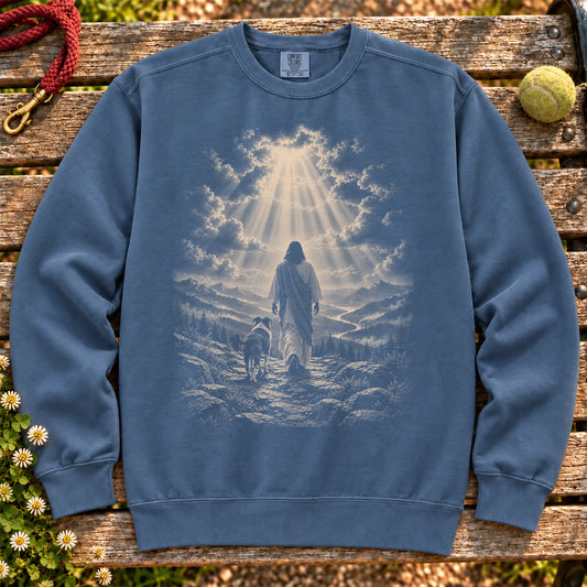 Denim sweatshirt showing Jesus walking beside a Boxer beneath rays of light