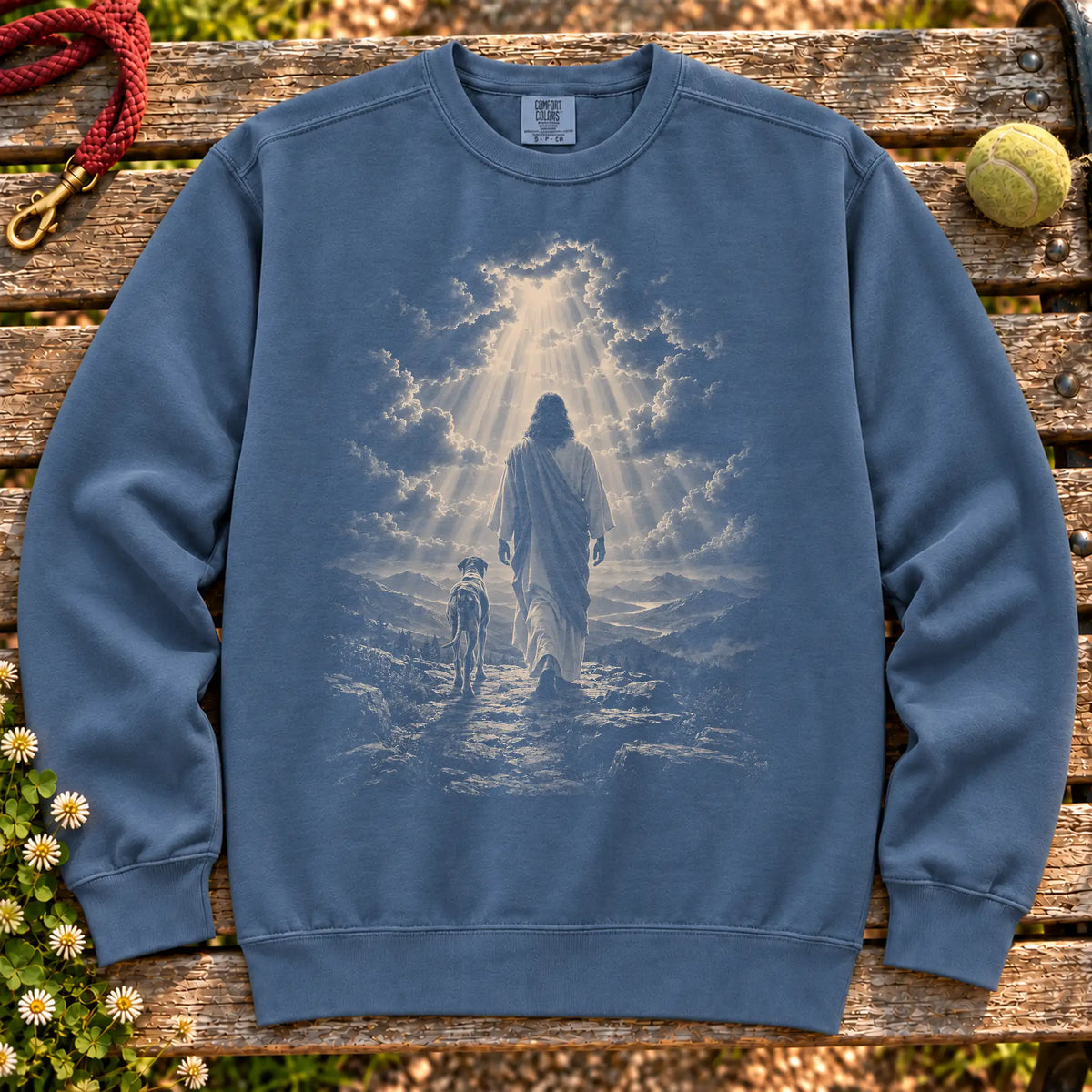 Denim sweatshirt showing Jesus walking beside a Great Dane beneath rays of light