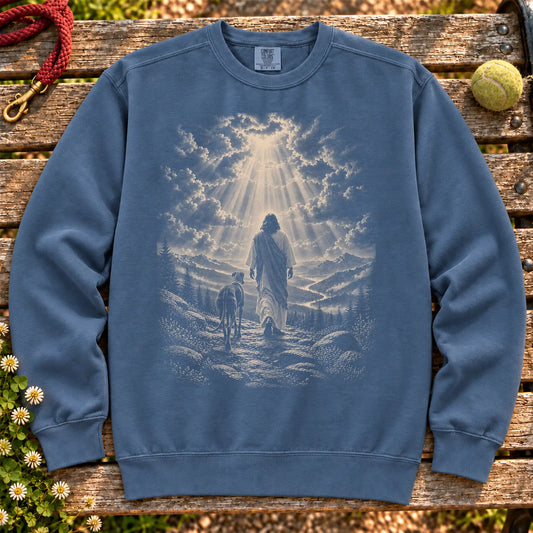Denim sweatshirt showing Jesus walking beside a Greyhound beneath rays of light