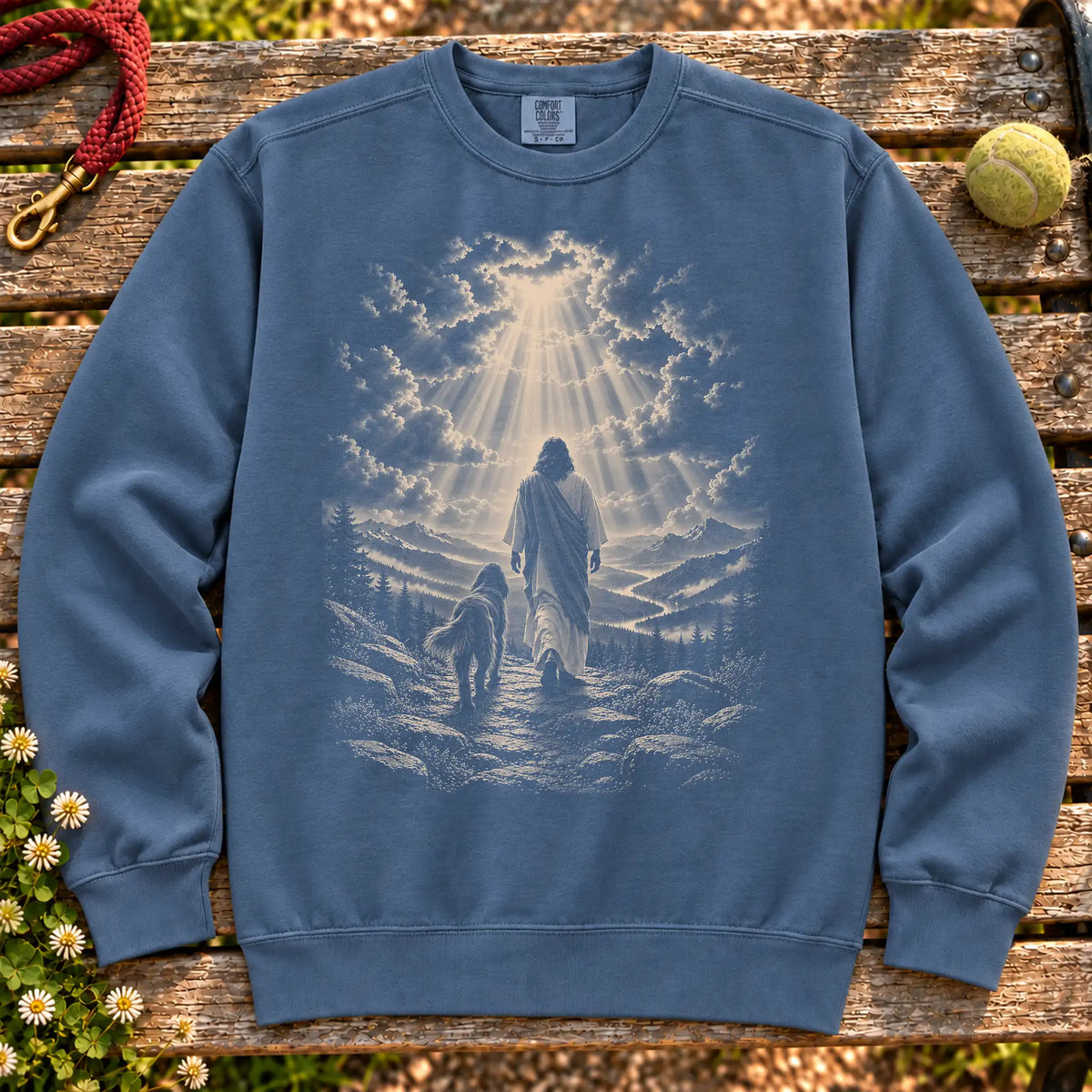 Denim sweatshirt showing Jesus walking beside a Irish Setter beneath rays of light