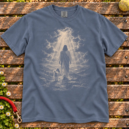 Denim T-shirt showing Jesus walking beside a Miniature Poodle beneath rays of light