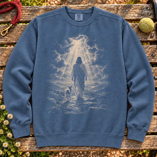 Denim sweatshirt showing Jesus walking beside a Shiba Inu beneath rays of light