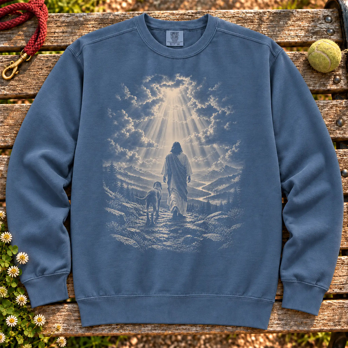 Denim sweatshirt showing Jesus walking beside a Weimaraner beneath rays of light