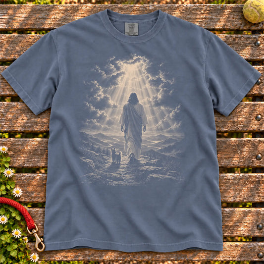 Denim T-shirt showing Jesus walking beside a Yorkie beneath rays of light