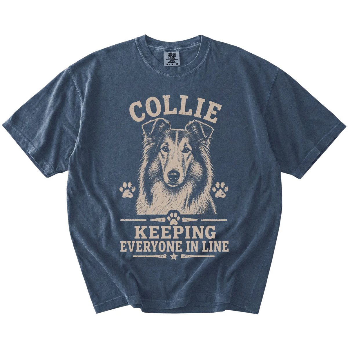 Collie design with “Keeping Everyone In Line” lettering on a Denim Comfort Colors® T-shirt