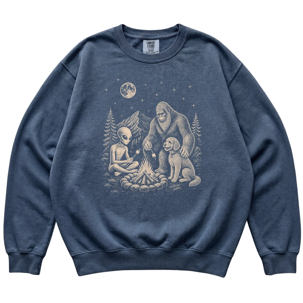 Denim Labradoodle Camping with Bigfoot and Alien shirt laid flat