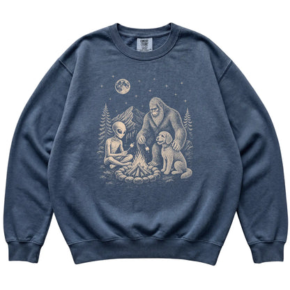 Denim Labradoodle Camping with Bigfoot and Alien shirt laid flat