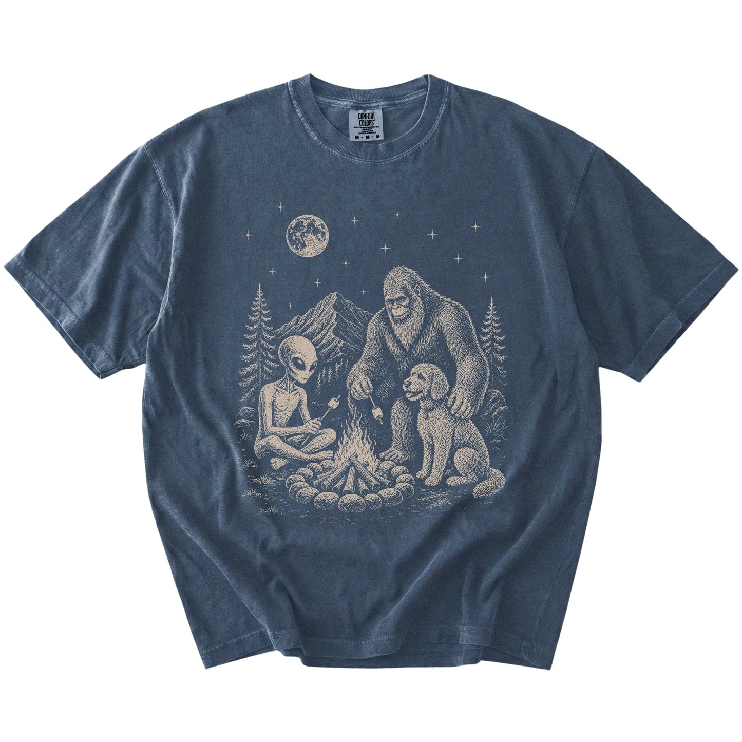 Labradoodle camping with Bigfoot and an alien on a Denim Comfort Colors® T-shirt