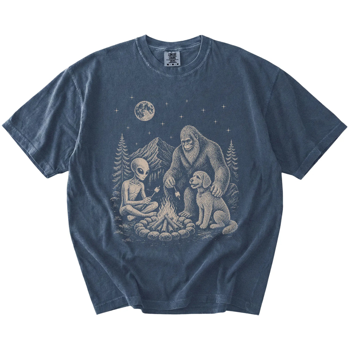 Labradoodle camping with Bigfoot and an alien on a Denim Comfort Colors® T-shirt