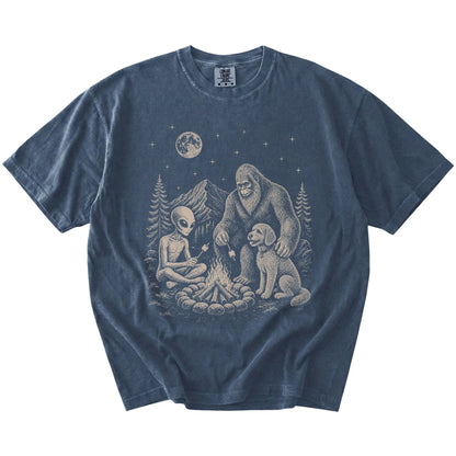Labradoodle camping with Bigfoot and an alien on a Denim Comfort Colors® T-shirt
