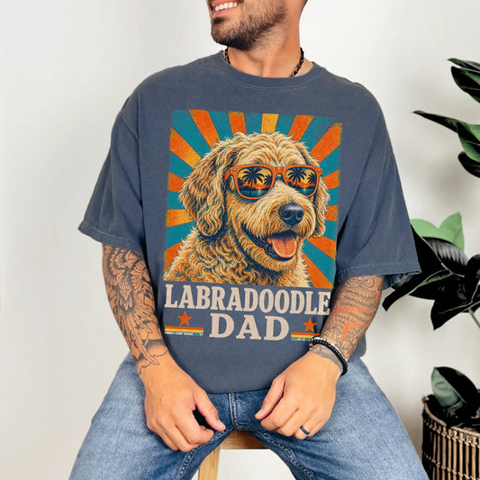 Retro Labradoodle Dad design on a Denim Comfort Colors T-shirt worn by a model